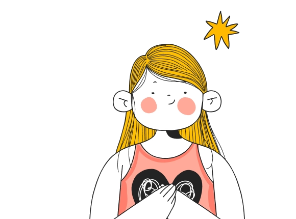 Illustrazione stilizzata di una ragazza con i capelli biondi che tiene le mani sul cuore, all'interno del quale si trova un groviglio di linee, sormontata da una stella gialla su sfondo bianco.