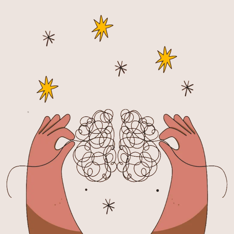Disegno stilizzato di due mani che con delicatezza iniziano a districare i fili ingarbugliati di un cervello, su uno sfondo chiaro punteggiato da stelle e scintille.