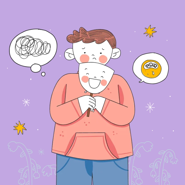 Illustrazione di un ragazzo triste su sfondo viola che tiene in mano una maschera sorridente, con fumetti che mostrano pensieri aggrovigliati e un volto che piange.