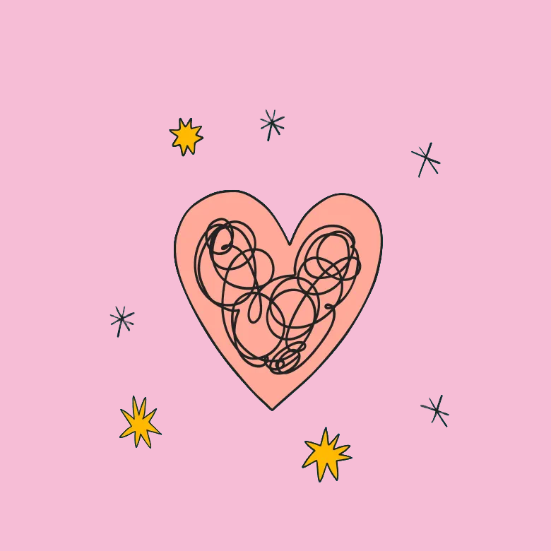 Un cuore rosa stilizzato su uno sfondo rosa pi&ugrave; chiaro, circondato da stelle e scintille, con all'interno un fitto groviglio di linee nere simboleggianti confusione emotiva.
