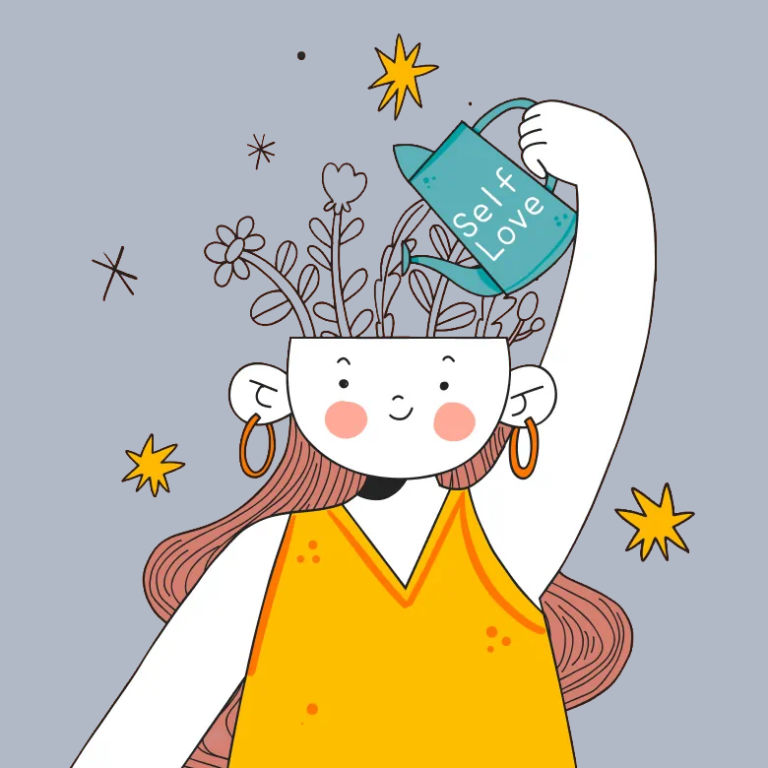 Disegno di una donna stilizzata con una testa aperta da cui sbocciano fiori, che si innaffia con un annaffiatoio turchese con la scritta "Self Love", su uno sfondo grigio con stelle.