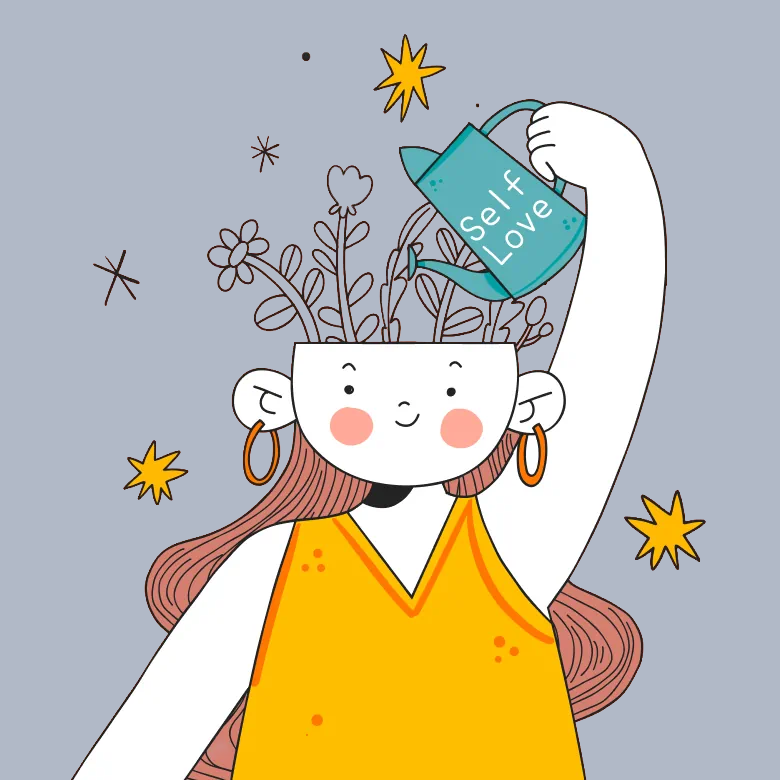 Disegno di una donna stilizzata con una testa aperta da cui sbocciano fiori, che si innaffia con un annaffiatoio turchese con la scritta "Self Love", su uno sfondo grigio con stelle.