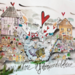 Un quadro incorniciato che mostra un'illustrazione stilizzata: una donna con una valigia cammina su un sentiero tra due colline con case e cuori rossi. In basso compare la scritta in corsivo "Conservare il filo rosso del bene". In primo piano a sinistra si notano delle foglie verdi sfocate.
