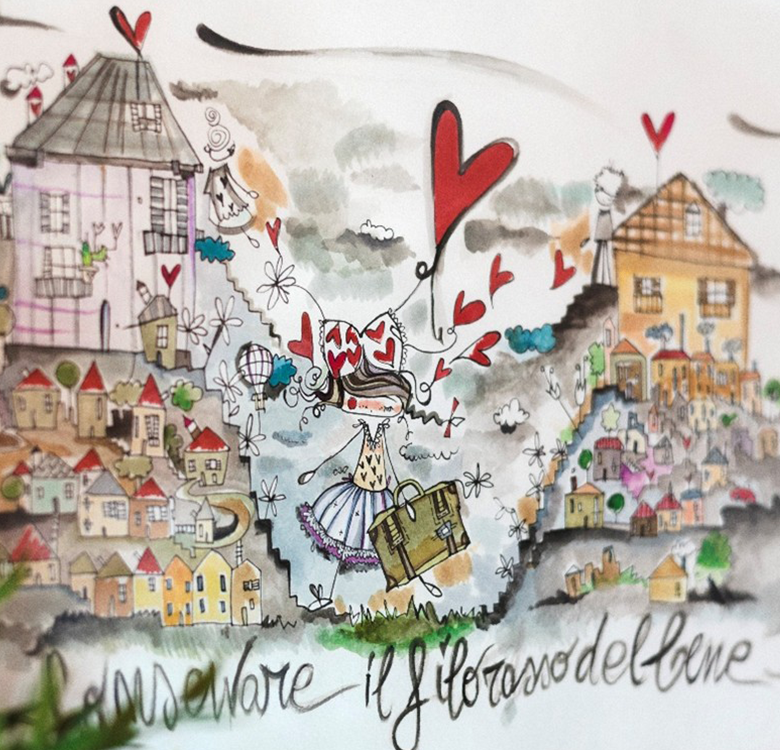 Un quadro incorniciato che mostra un'illustrazione stilizzata: una donna con una valigia cammina su un sentiero tra due colline con case e cuori rossi. In basso compare la scritta in corsivo "Conservare il filo rosso del bene". In primo piano a sinistra si notano delle foglie verdi sfocate.